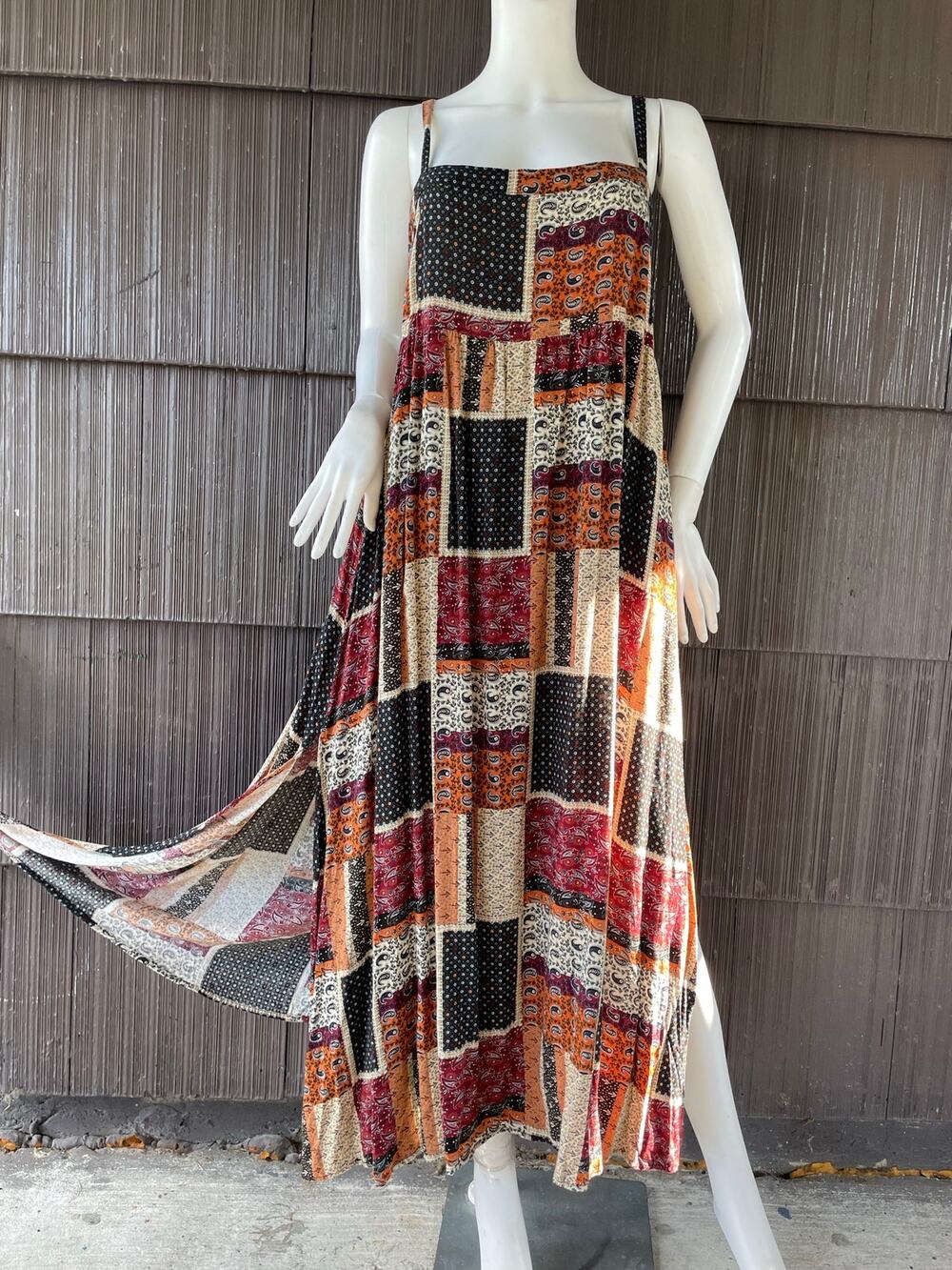🔥Natural Life Patchwork design sleeveless slits maxi dress boho rustic Cottage